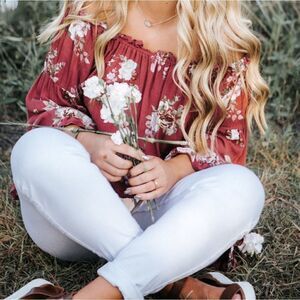 Urban Romantic Maroon  Floral  Long Sleeve  Blouse